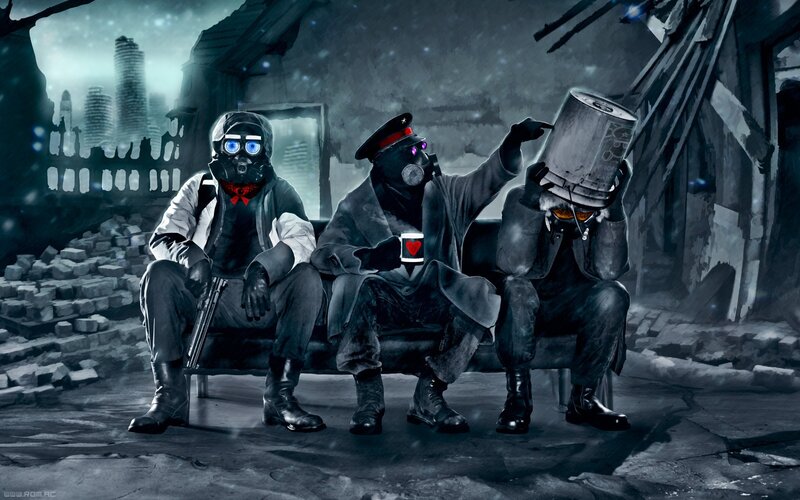 Three Figures in Gas Masks — Gray, Dramatic, Bleak, Night