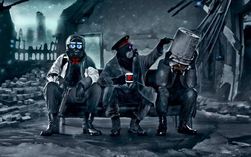 Three Figures in Gas Masks — Gray, Dramatic