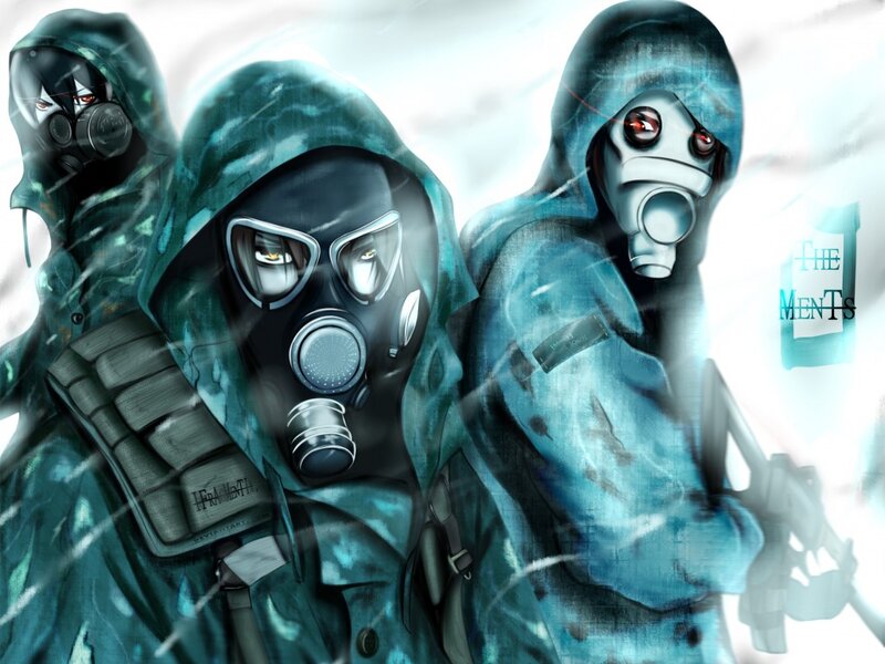 Three Figures in Gas Masks