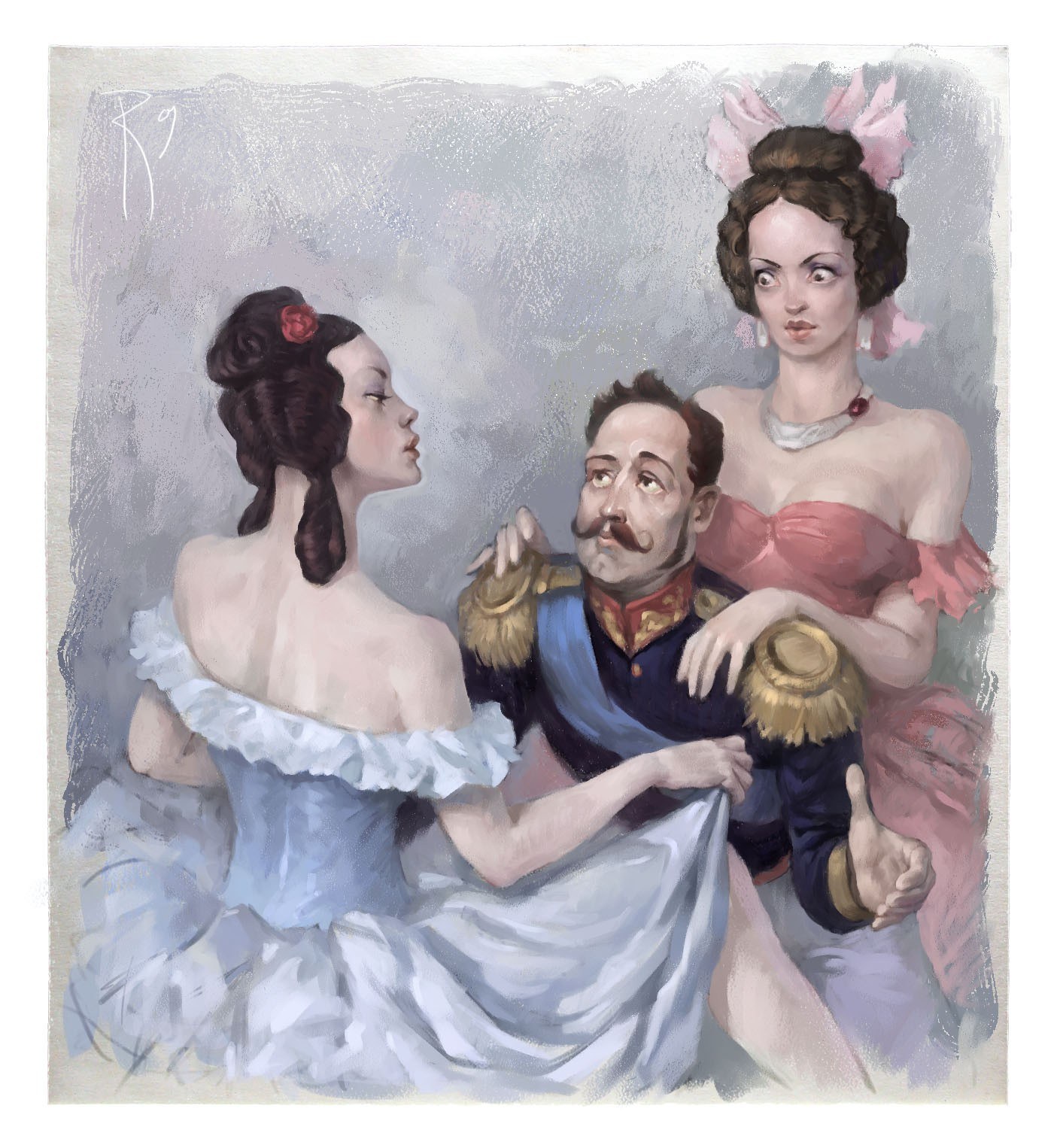 Three figures in historical attire