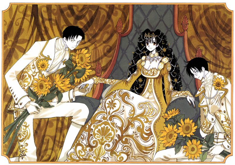 Three figures in ornate attire