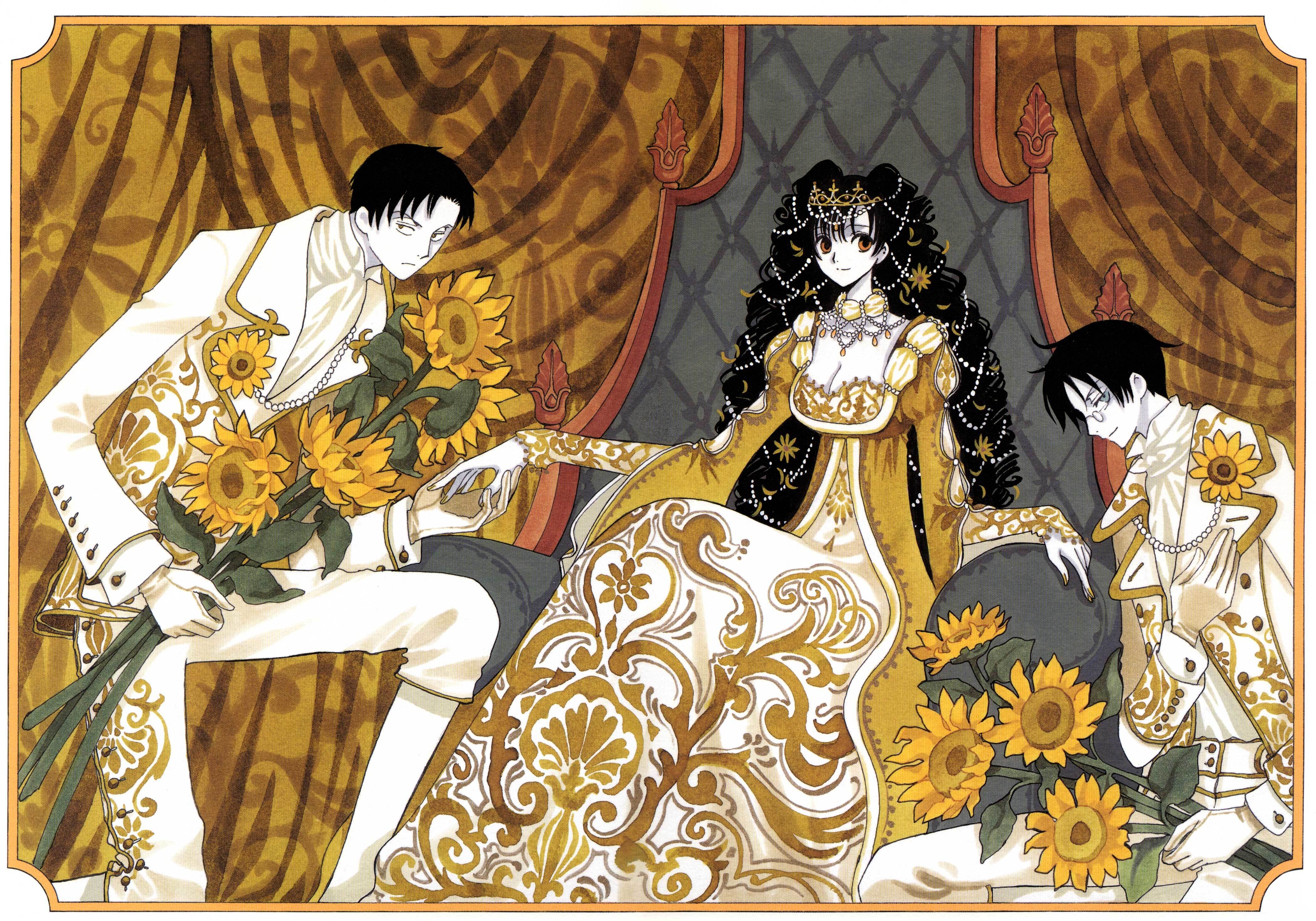 Three figures in ornate attire
