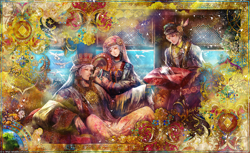 Three Figures in Ornate Clothing