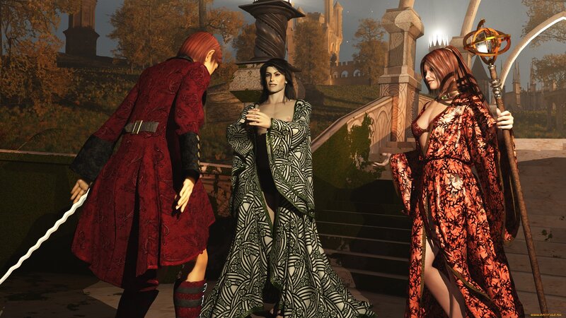 Three figures in ornate robes