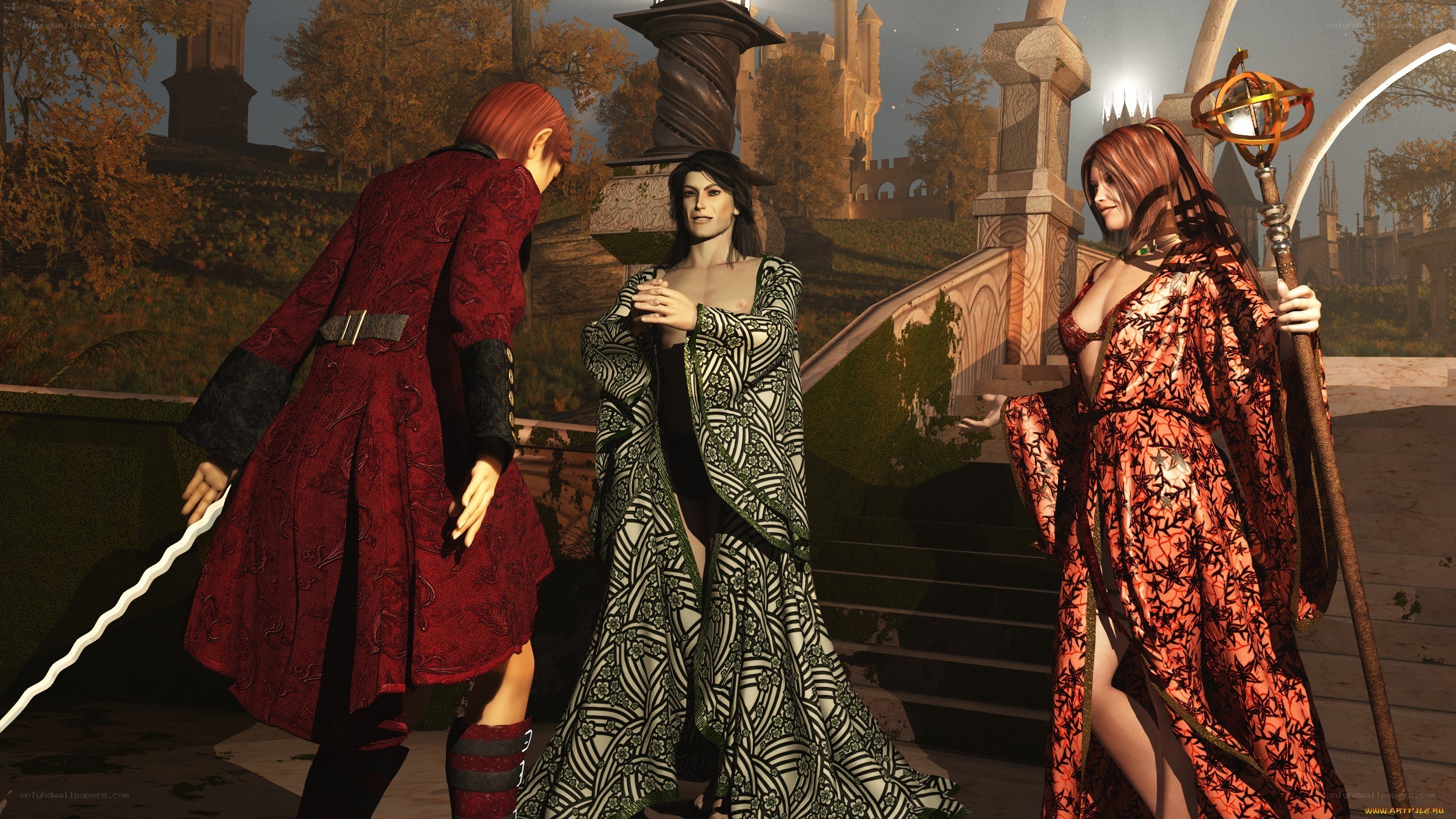 Three figures in ornate robes