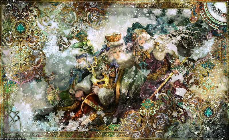 Three Figures in Ornate Winter Attire