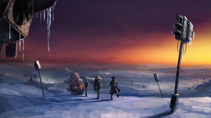 Three Figures in Snowy Landscape