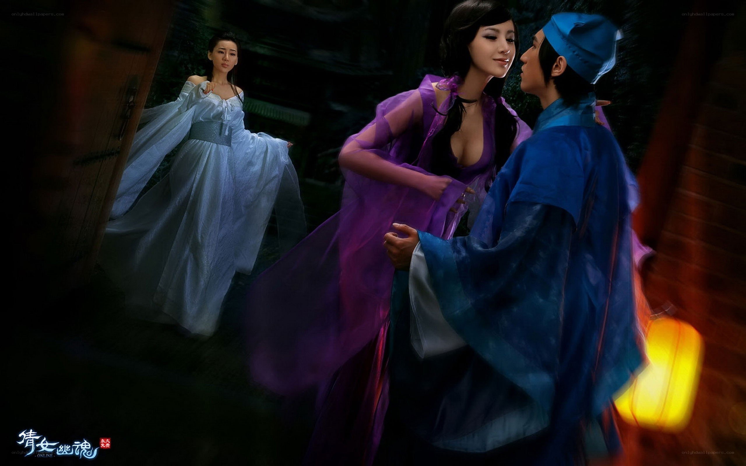 Three figures in traditional costumes