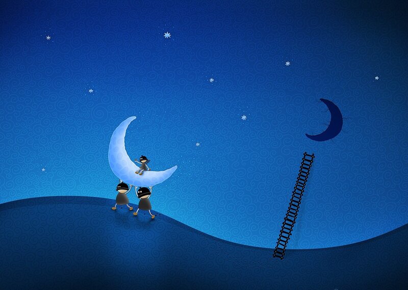 Three Figures on a Crescent Moon — Blue, Dreamy