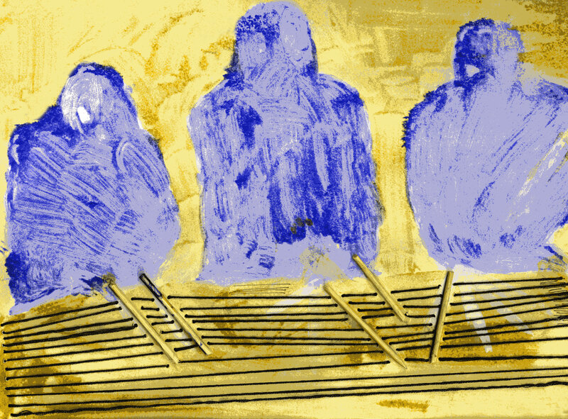 Three figures on a golden stage