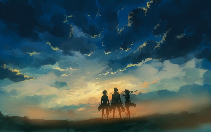 Three Figures on a Hill — Blue, Dramatic, Sunset