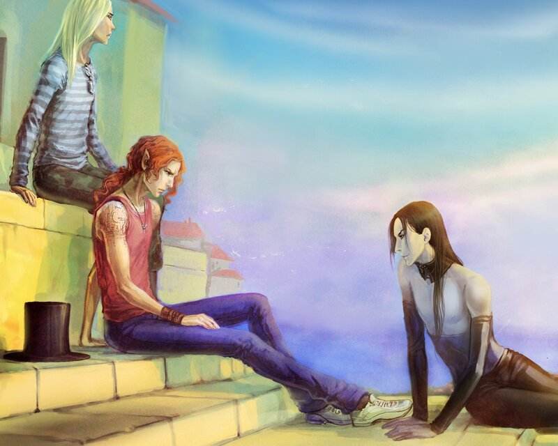 Three figures on a rooftop