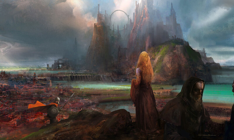 Three Figures Overlooking a City