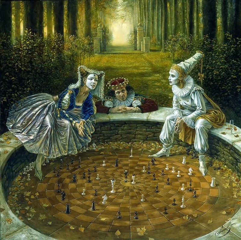 Three Figures Playing Chess