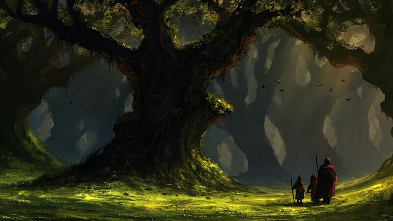 Three figures under a giant tree