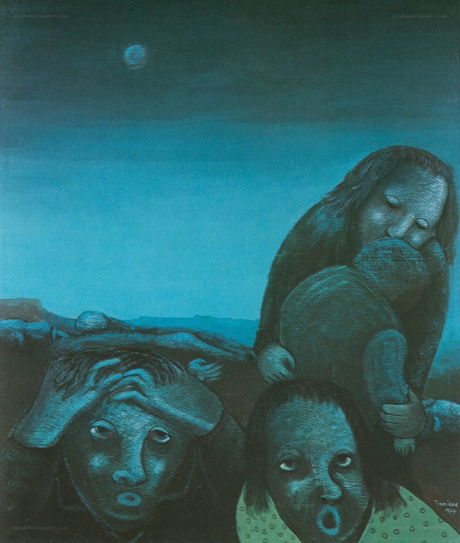 Three figures under a moonlit sky