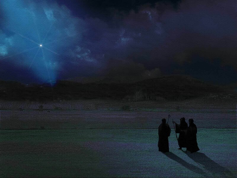Three figures under a starry night