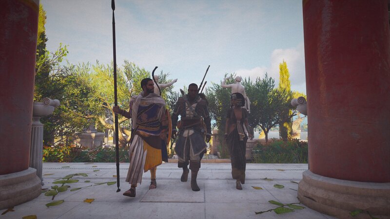 Three Figures Walking in Courtyard