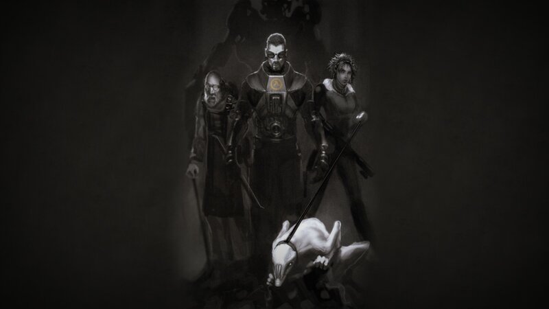 Three Figures with a Dog