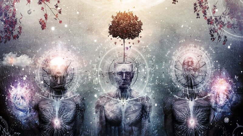 three figures with cosmic symbols
