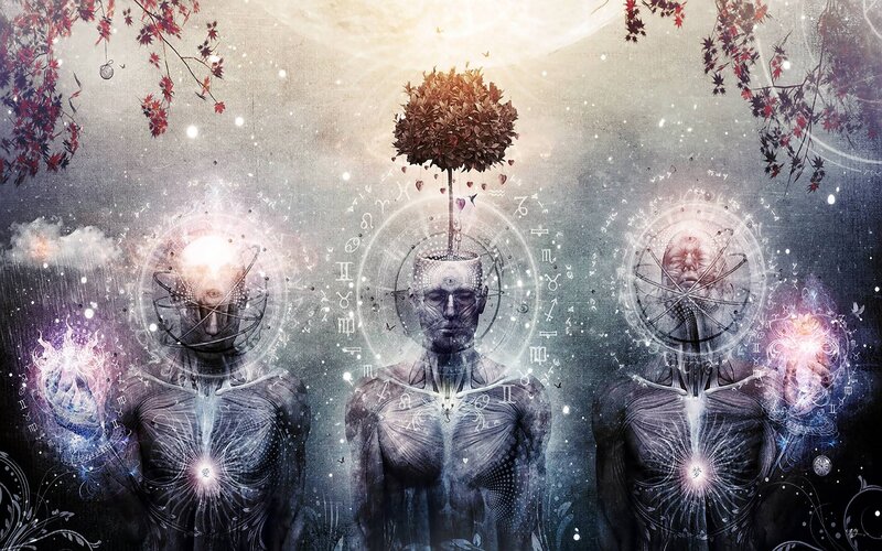 three figures with cosmic symbols