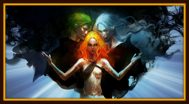 Three Figures with Glowing Hair