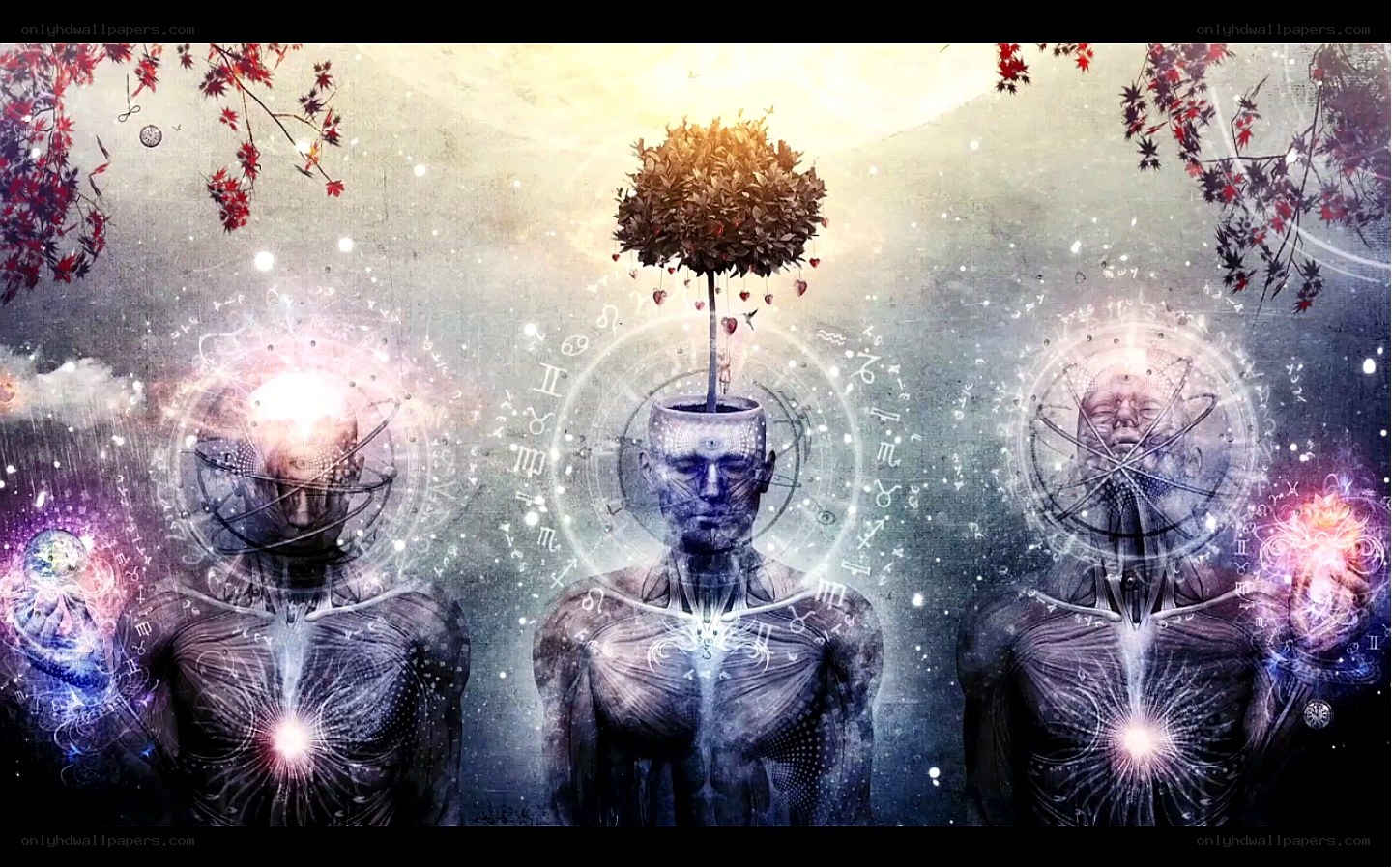 three figures with tree on head