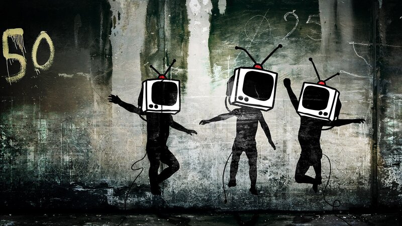Three Figures with TV Heads — Black