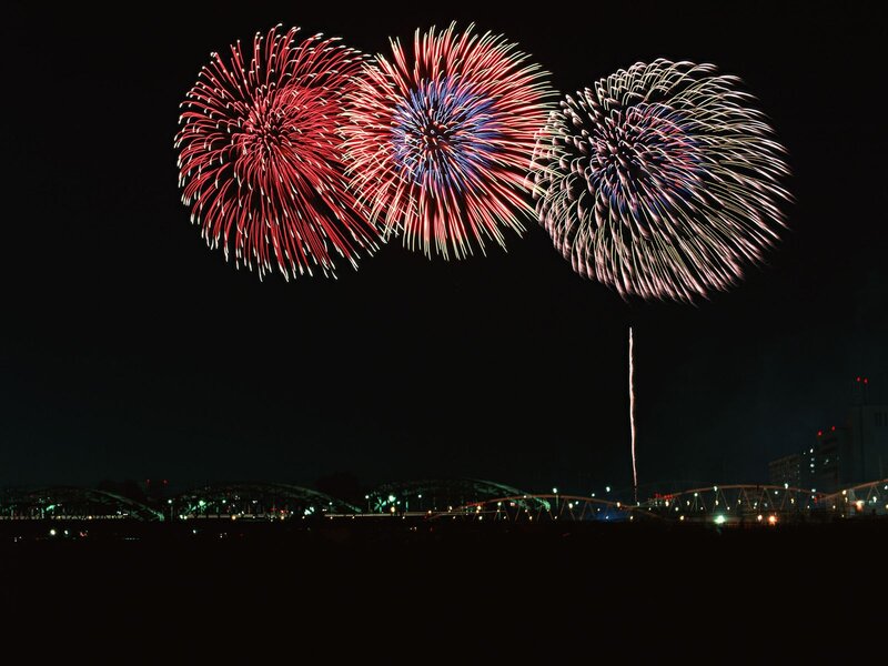 Three Fireworks Bursts — Red