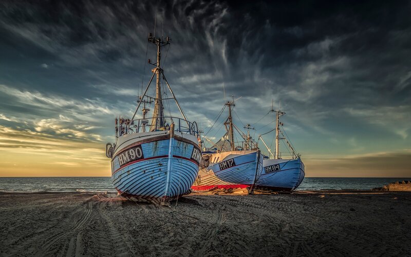 Three Fishing Boats on Beach