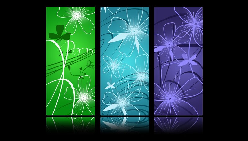 three floral panels in green blue and purple