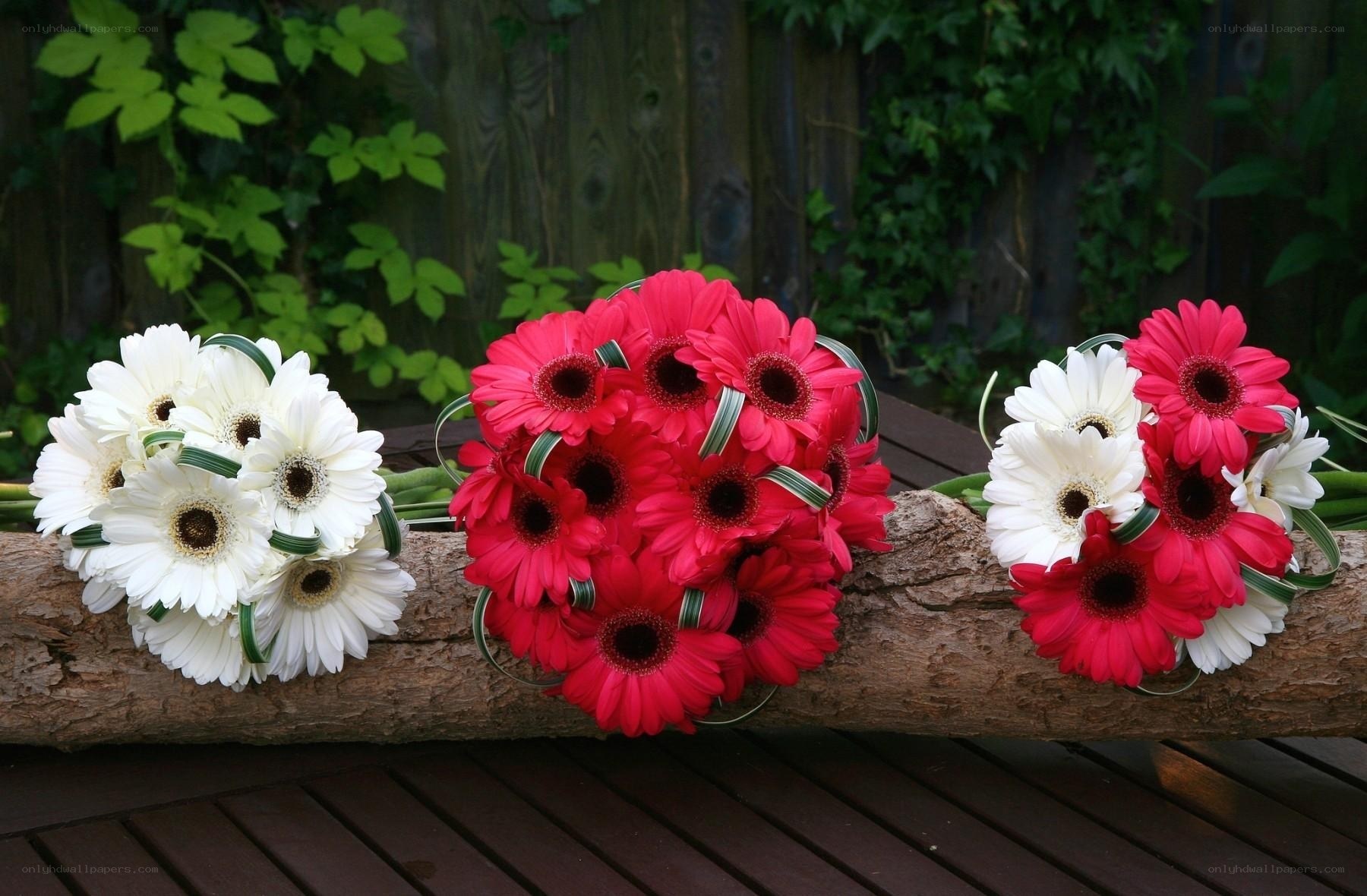 Three flower bouquets on a log