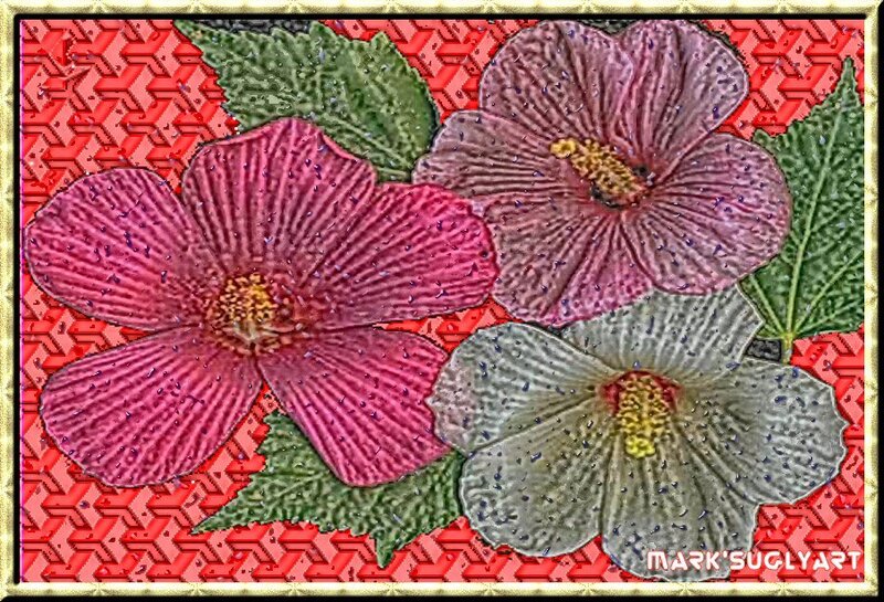 Three flowers on red pattern