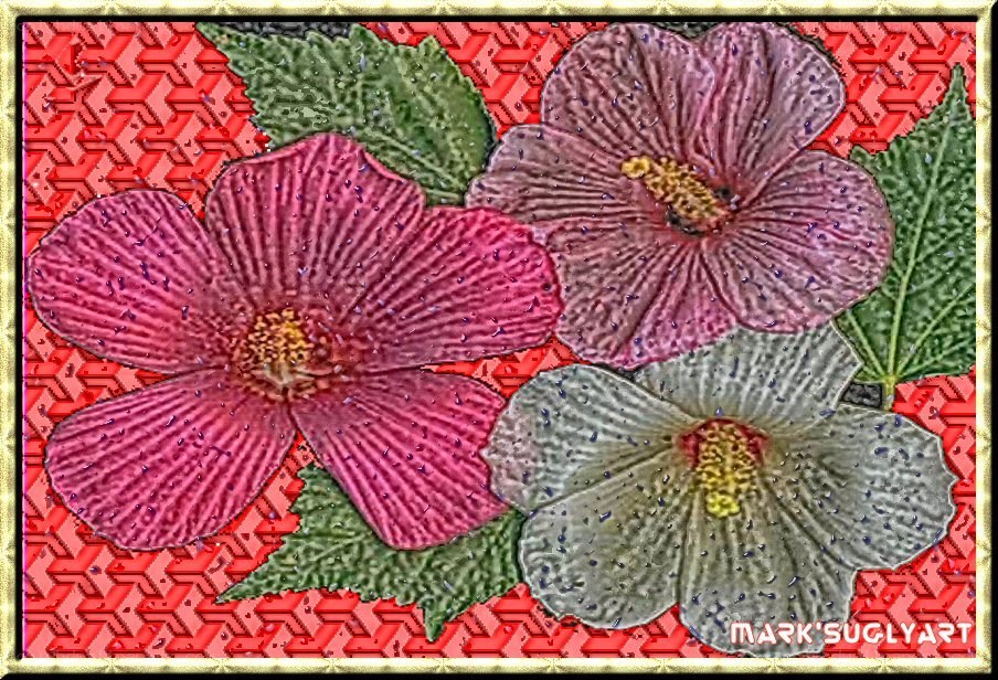 Three flowers on red pattern