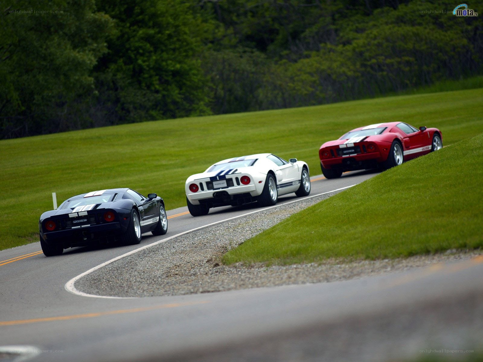 Three Ford GTs on a track