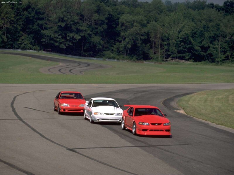 Three Ford Mustangs on a racetrack