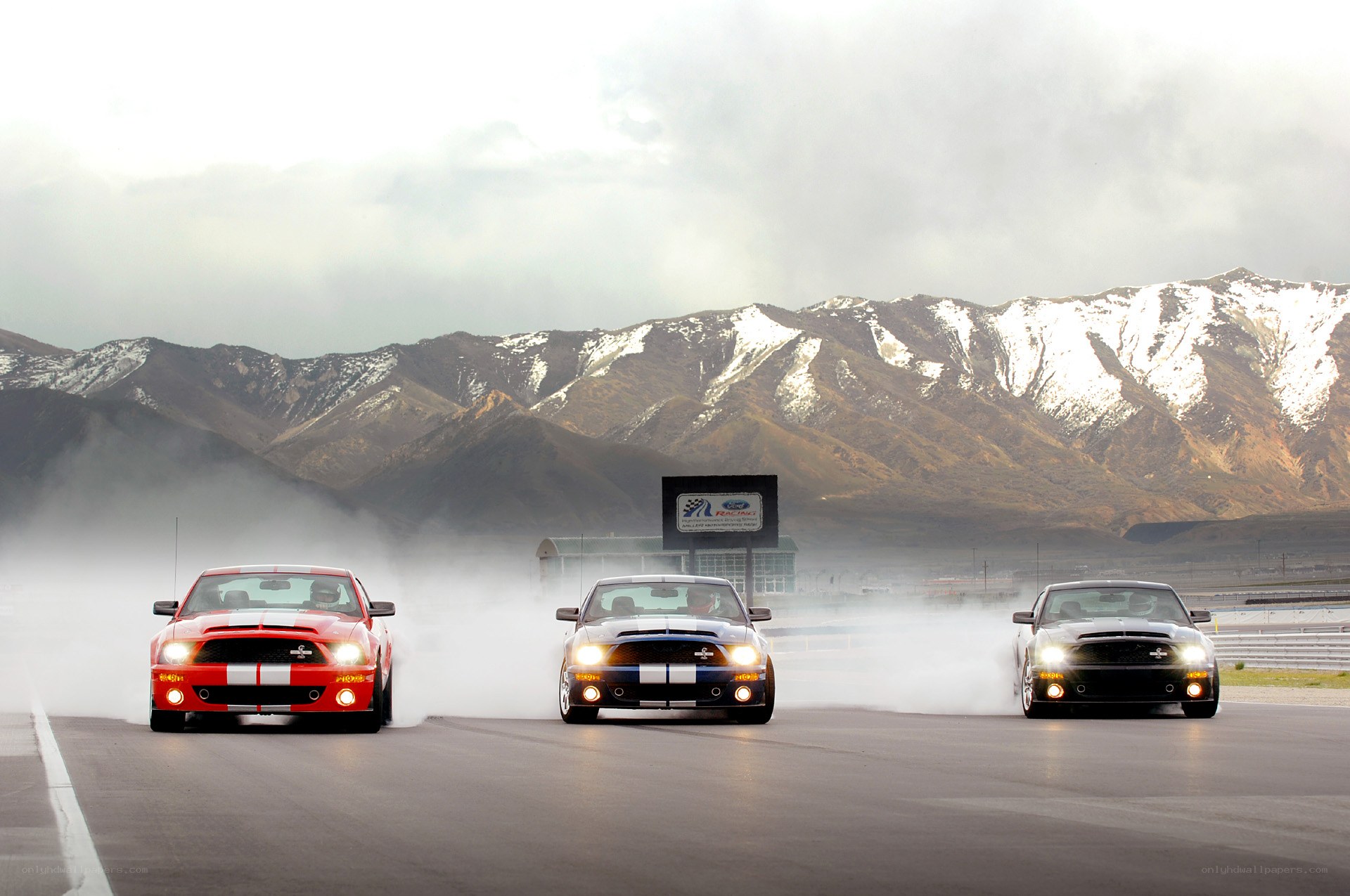 Three Ford Mustangs on a racetrack