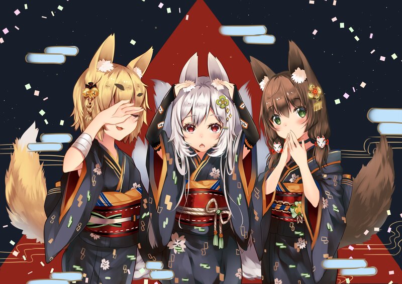 Three Fox Girls in Kimono — Black