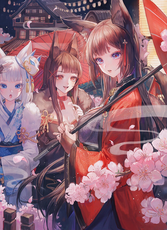 Three Fox Girls in Kimono
