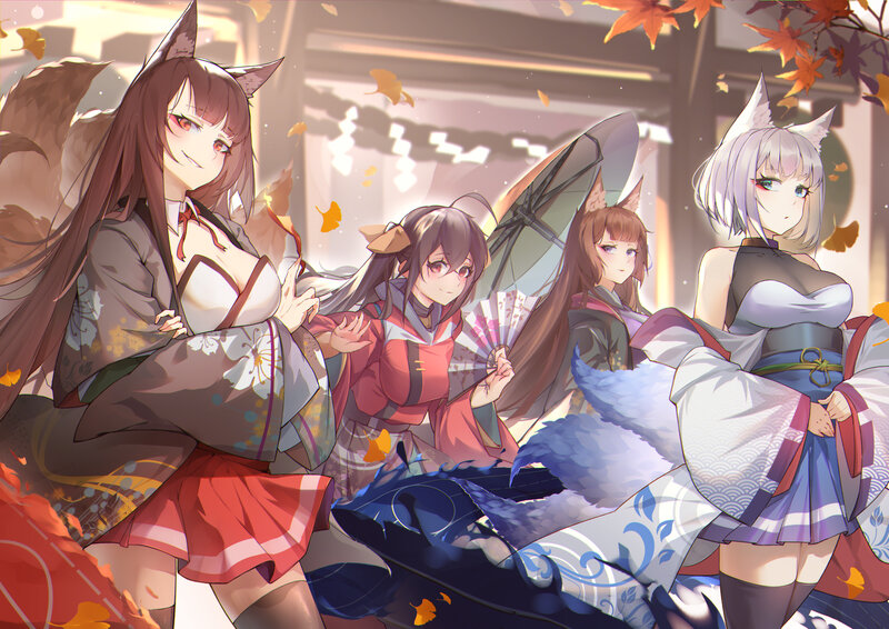 Three Fox Girls in Kimono — White