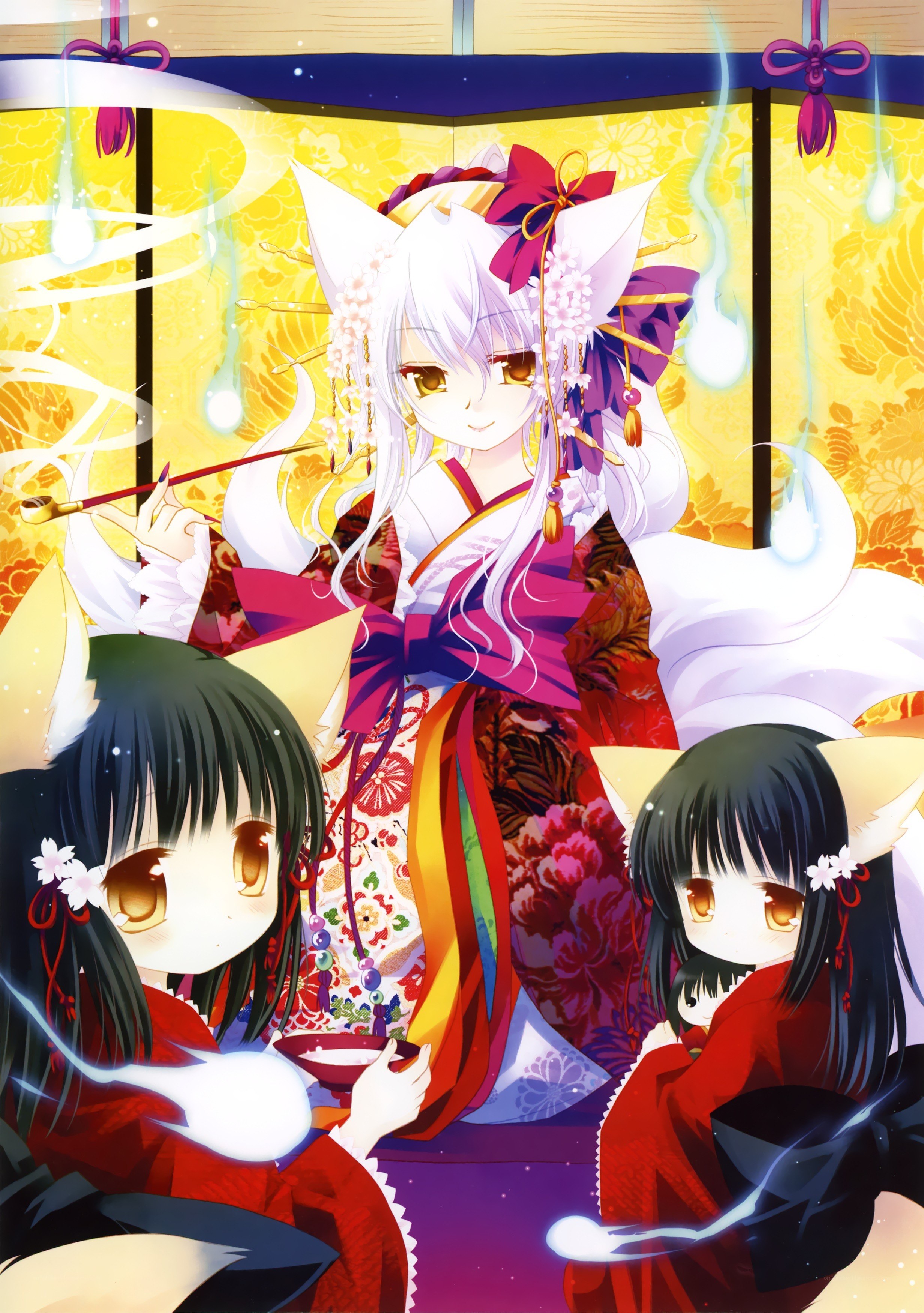 Three fox girls in kimonos