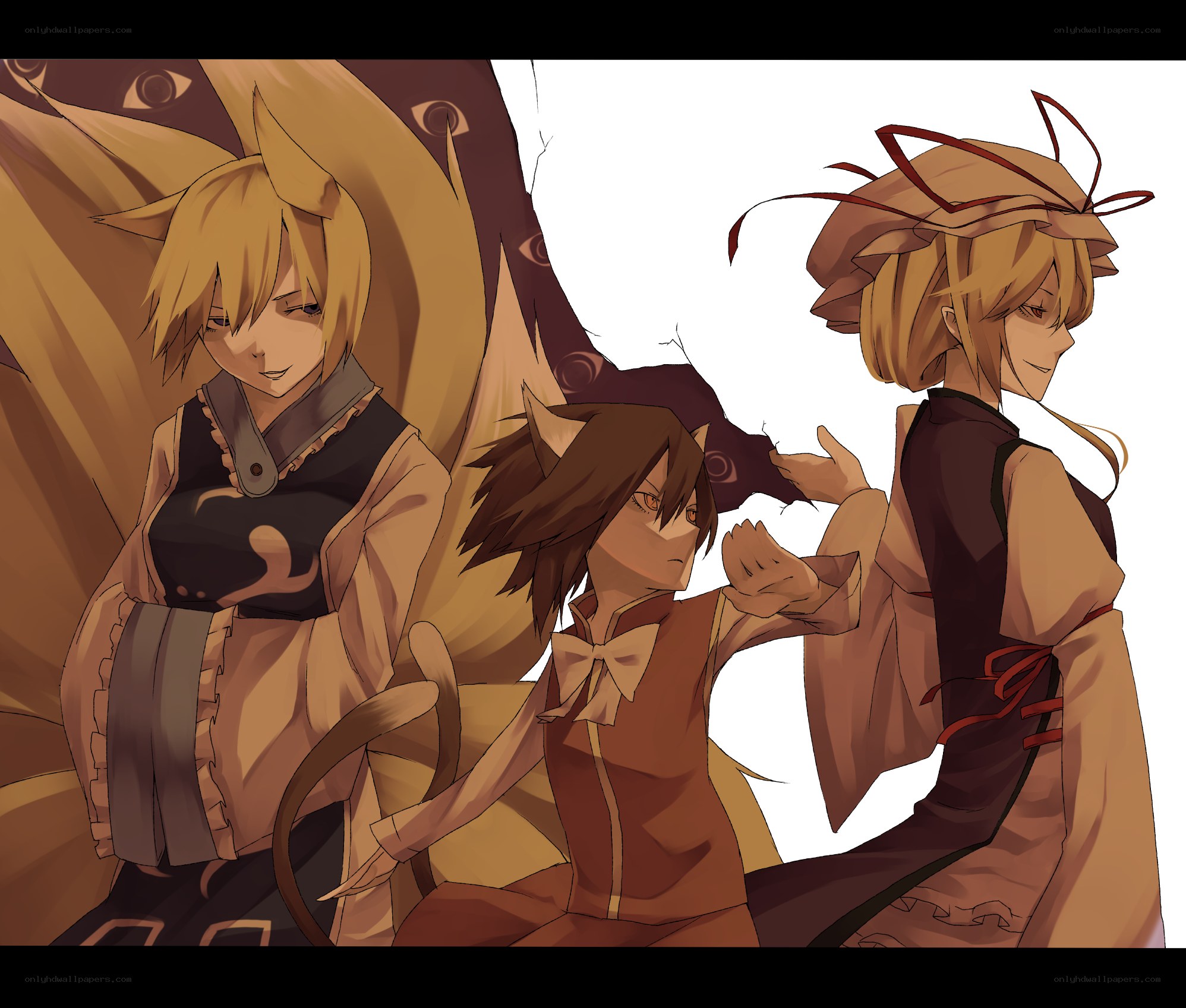 three fox-like characters in traditional attire