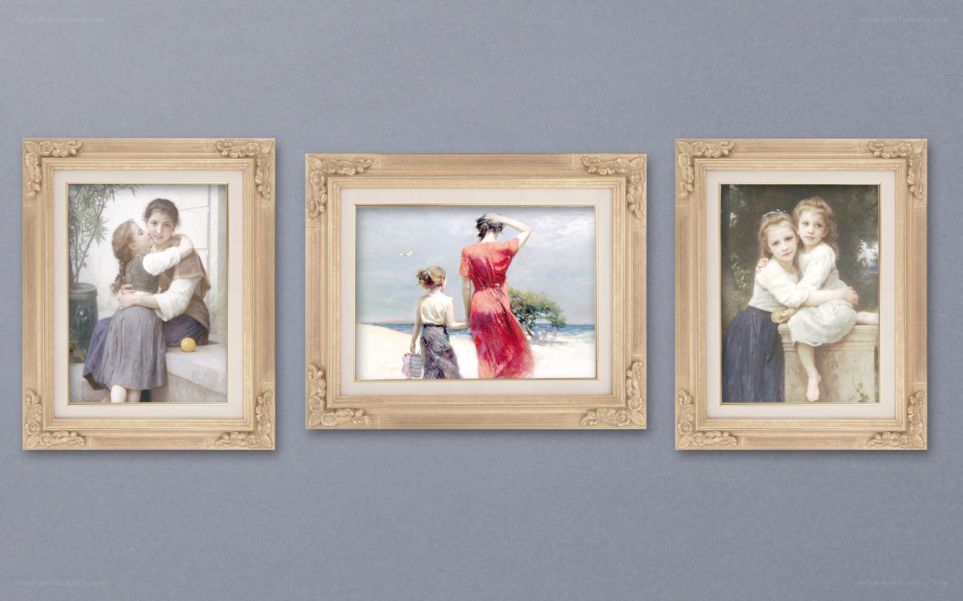 Three framed paintings on a wall