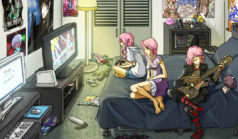 three friends gaming in bedroom