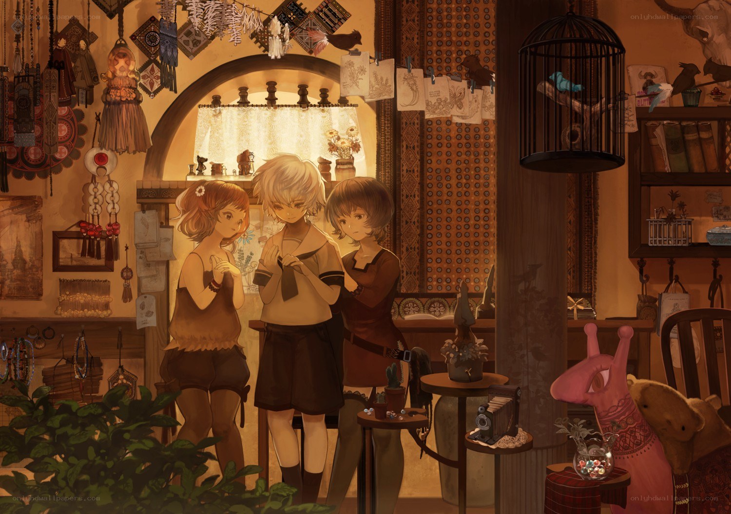 three friends in a cozy shop