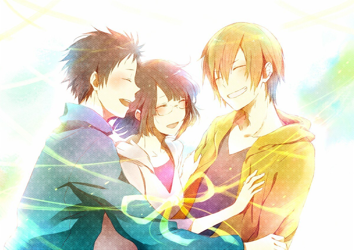 Three friends in a warm embrace