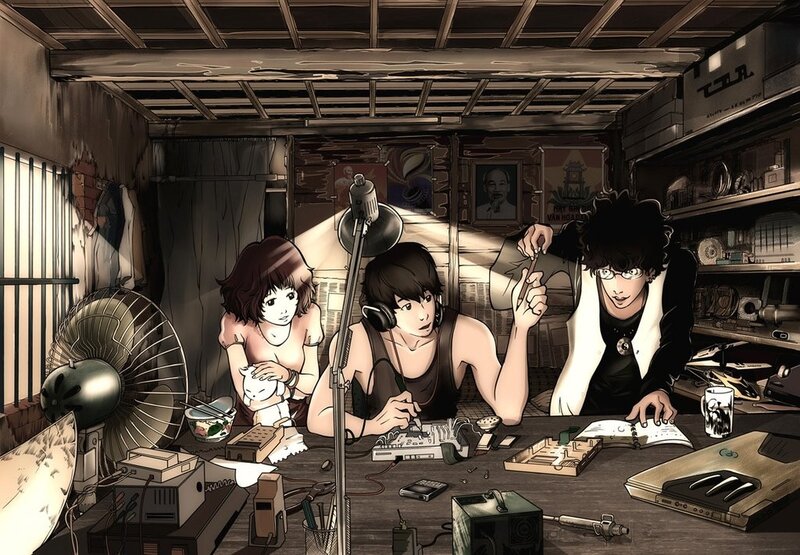 Three friends in a workshop