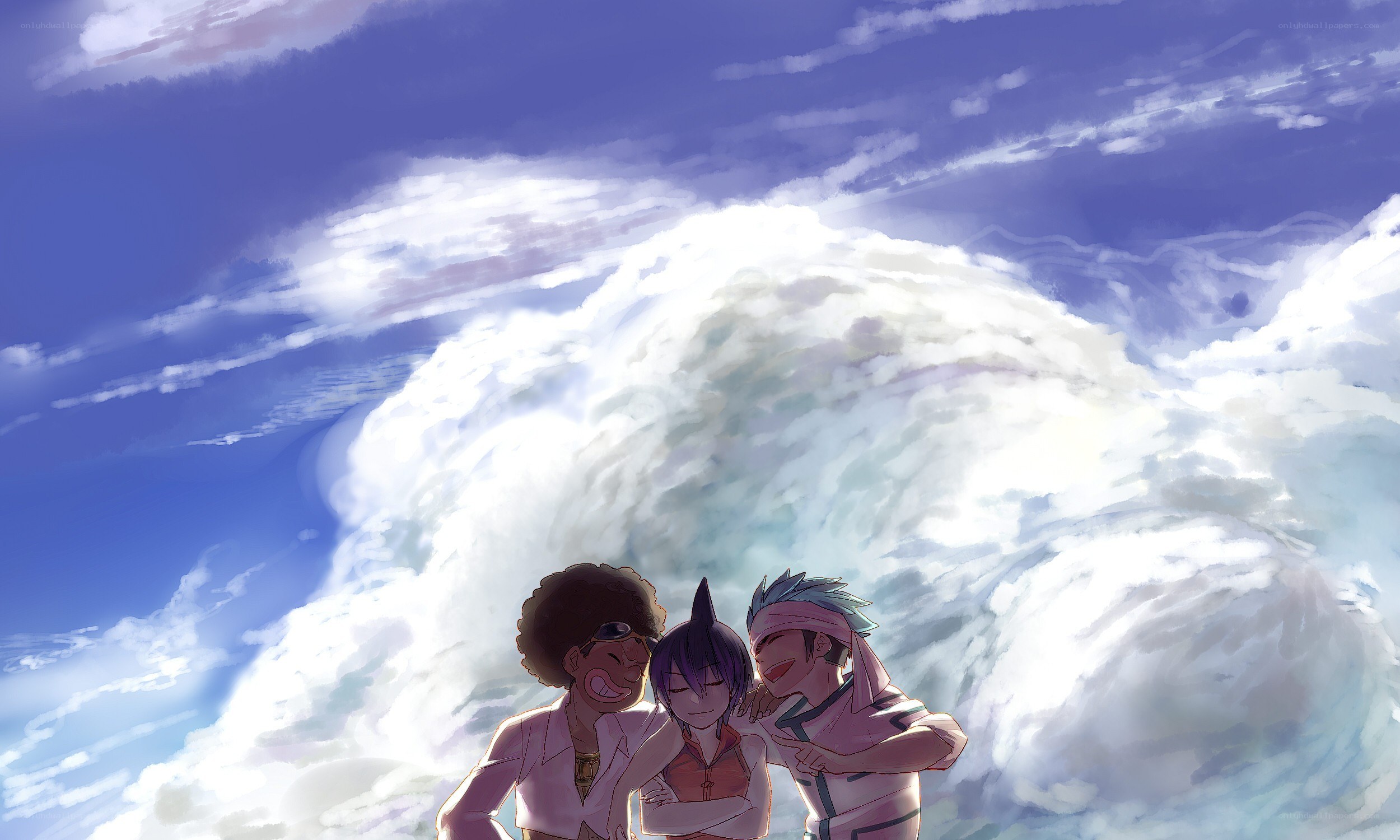 Three friends under a stormy sky