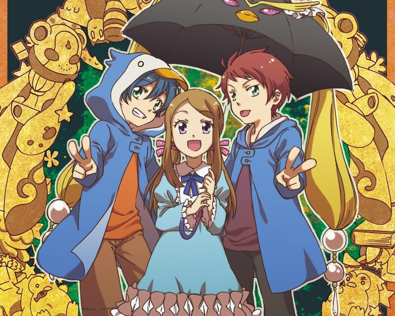 Three friends under an umbrella