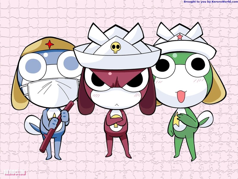 three frog-like characters in costumes